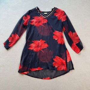 California Woman Tunic Top S Navy Blue Red Floral Sheer Beaded V Neck Sequins
